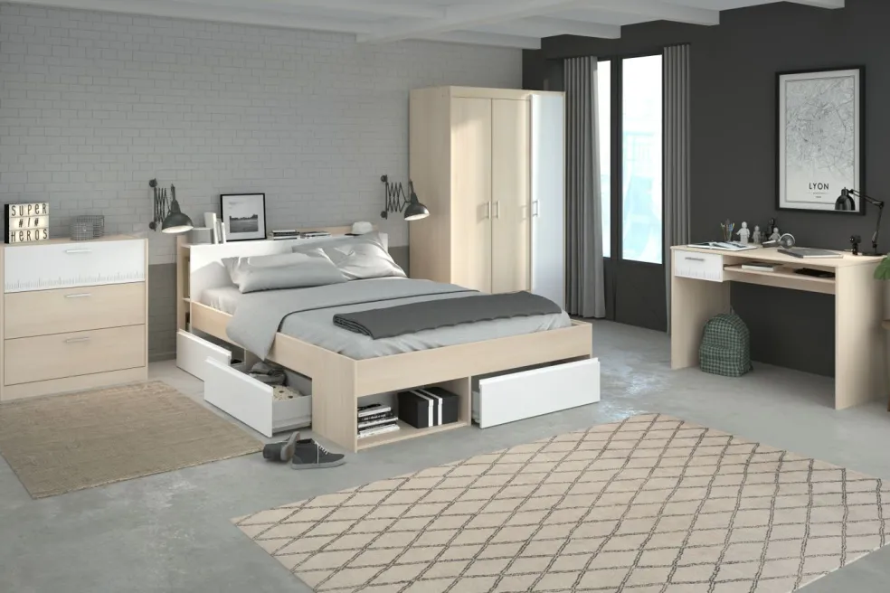 Lit 140 cm avec rangement, armoire, bureau et commode MOST 75