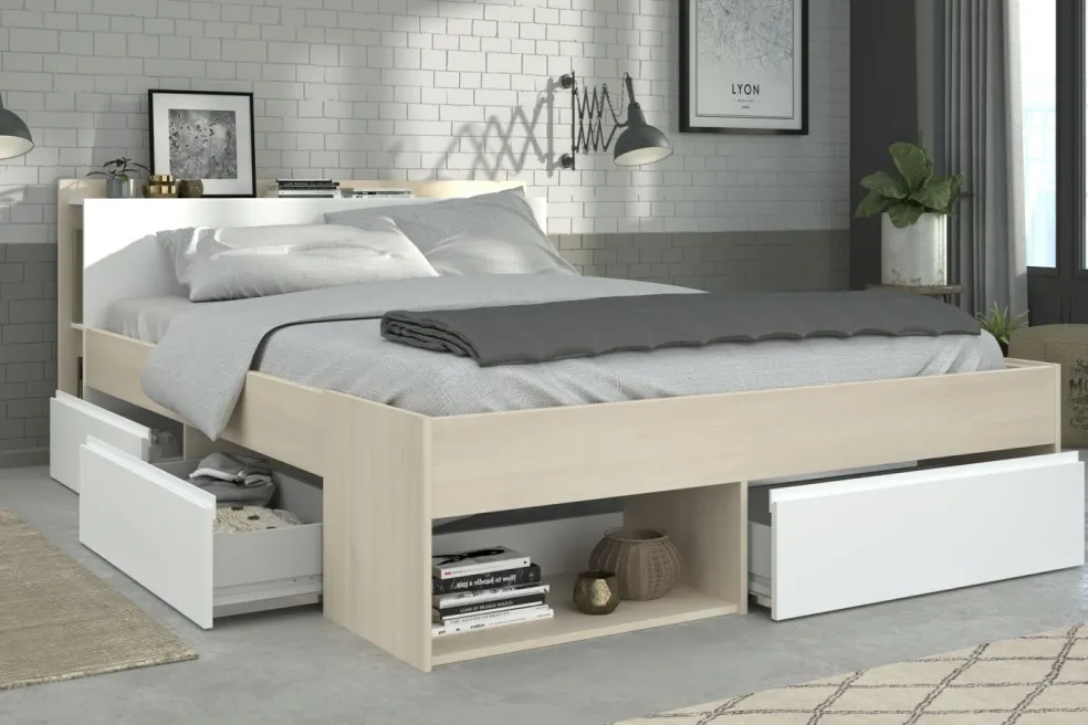 Lit 140 cm avec rangement, armoire, bureau et commode MOST 75